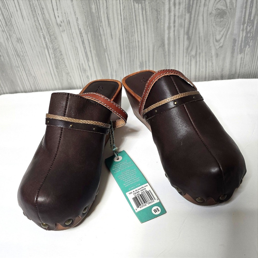 NWT OluKai Dark Brown Leather Scalloped Wooden Platform Clogs Women US 8 EUR 38 - Picture 2 of 7